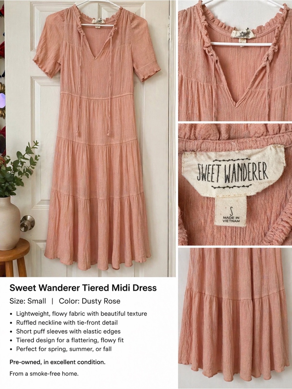 Sweet Wanderer Blush Pink Ruffled Tie-Front Midi Dress